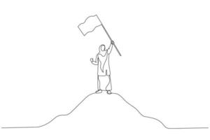 karikatur einer muslimischen unternehmerin und einer flagge auf dem berg, metapher für leistung. Kunst im Stil einer Linie vektor