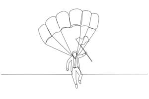 Zeichnung eines Geschäftsmannes auf einem Fallschirm mit einer Flagge landet auf dem Zielkonzept der Lösung. Kunststil mit einer durchgehenden Linie vektor