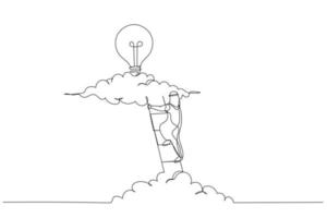 karikatur eines arabischen muslimischen geschäftsmannes, der eine aus bleistift gebaute leiter klettert, um ein glühbirnenkonzept der suchidee zu finden. Kunst im Stil einer Linie vektor
