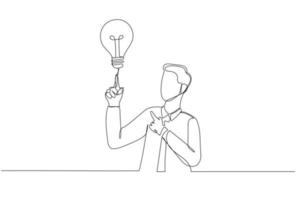 Illustration eines jungen Geschäftsmannes, der mit dem Zeigefinger auf eine großartige Idee zeigt. Einzeiliger Kunststil vektor