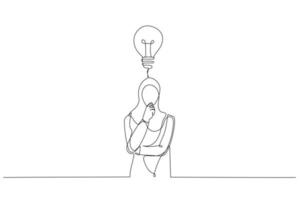 Karikatur einer muslimischen Geschäftsfrau, die einen Plan macht, hält die Hand am Kinn und schaut nachdenklich nach oben. Kunststil mit durchgehender Linie vektor