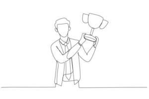 Zeichnung eines Geschäftsmannes, der eine Trophäenmetapher des Erfolgs hebt. Kunststil mit durchgehender Linie vektor