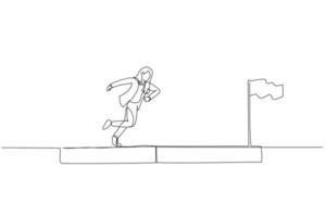 karikatur der geschäftsfrau, die auf dem fortschrittsbalken läuft, um das erfolgsflaggenkonzept des fortschritts zu erreichen. einzeiliger Kunststil vektor
