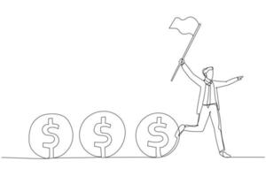 karikatur des geschäftsführers, der die flagge hält, steuert den geldfluss, konzept des cashflows. einzeiliger Kunststil vektor