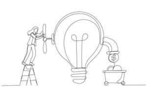 Illustration einer Geschäftsfrau mit offenem Glühbirnen-Ideenhahn, um Geldmünzen zu verdienen. Idee, Geld zu verdienen. Kunststil mit einer durchgehenden Linie vektor