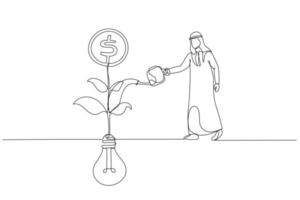 zeichnung eines arabischen muslimischen geschäftsmannes, der auf wachsender geldmünzensämlingspflanze aus der glühbirnenideenmetapher der monetarisierungsidee wässert. einzeiliger Kunststil vektor