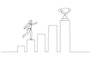 Karikatur einer Geschäftsfrau, die auf einem wachsenden Balkendiagramm läuft, um die Siegertrophäe zu fangen, Konzept der Leistung. Kunststil mit einer durchgehenden Linie vektor
