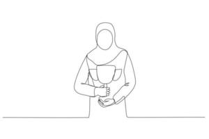 Zeichnung einer muslimischen Geschäftsfrau, die mit einer Trophäe in der Hand steht und sich für den Erfolg beugt. Einzeiliger Kunststil vektor