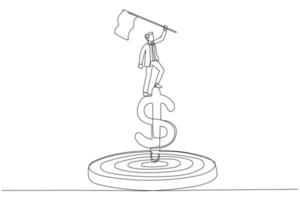karikatur des geschäftsmannes, der gewinnerflagge auf dem dollargeldzielkonzept des finanziellen ziels hält. ein Kunststil mit durchgehender Linie vektor