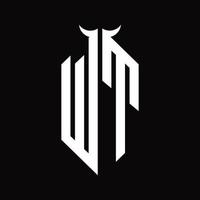 wt-Logo-Monogramm mit hornförmiger, isolierter Schwarz-Weiß-Designvorlage vektor
