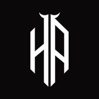 ha-Logo-Monogramm mit Hornform isolierte schwarz-weiße Designvorlage vektor