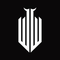 ww logo monogramm mit hornform isoliert schwarz-weiß designvorlage vektor