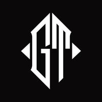 gt-logo-monogramm mit schildform isolierter designvorlage vektor