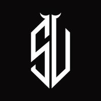 su-Logo-Monogramm mit Hornform isolierte Schwarz-Weiß-Designvorlage vektor