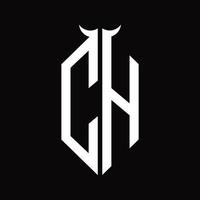 ch-Logo-Monogramm mit Hornform isolierte Schwarz-Weiß-Designvorlage vektor