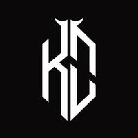 ko-Logo-Monogramm mit Hornform isolierte schwarz-weiße Designvorlage vektor