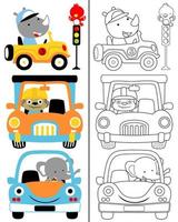 vektor illustration av rolig djur tecknad serie på fordon. färg bok eller sida för barn
