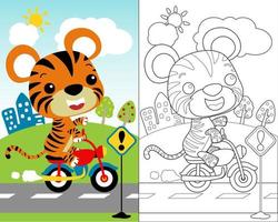 vektor tecknad serie illustration med liten tiger tecknad serie ridning motorcykel på landskap bakgrund