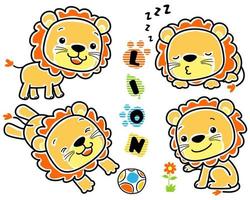 Vektor-Set von handgezeichneten Baby-Löwen-Cartoons in verschiedenen Aktivitäten vektor