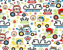 vektor av sömlös mönster av bil tävlings element tecknad serie med rolig djur racer