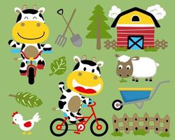 vektor illustration uppsättning av rolig ko tecknad serie med bruka djur, gård element