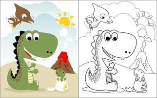färg bok vektor av söt dinosaurier tecknad serie på vulkan och blå himmel bakgrund