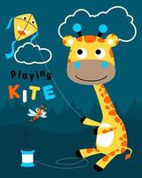 vektor tecknad serie av söt giraff spelar drake med trollslända