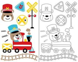 lustiger bärenkarikatur auf dampfzug mit lokomotivelementen, malbuch oder seite