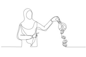illustration einer arabischen muslimischen geschäftsfrau, die schmiermittel oder fett in mechanische zahnräder glühbirne konzept der kreativität fallen lässt. Kunst im Stil einer Linie vektor