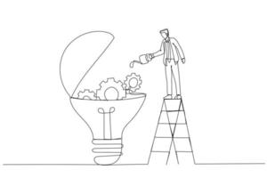 Illustration eines Geschäftsmannes, der innovative Glühbirnen mit Zahnrädern und Zahnrädern präsentiert Konzept der Innovation. Einzeiliger Kunststil vektor