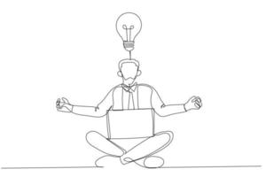 Cartoon von Yoga-Geschäftsmann in voller Konzentration mit Laptop. einzeiliger Kunststil vektor