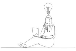 illustration eines jungen arabischen geschäftsmannes mit laptop hat eine idee. Kunststil mit einer durchgehenden Linie vektor