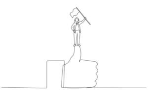 karikatur der geschäftsfrau klettert die leiter des erfolgs an die spitze und hält die siegreiche flagge metahpor der großartigen arbeit. Kunststil mit einer durchgehenden Linie vektor