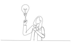 karikatur der jungen geschäftsfrau, die mit dem zeigefinger eine großartige idee zeigt. Kunststil mit einer durchgehenden Linie vektor