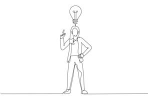 Karikatur der Geschäftsfrau mit Glühbirnenmetapher für Innovation und Inspiration. Kunststil mit einer durchgehenden Linie vektor