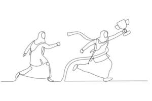 illustration der muslimischen geschäftsfrau erreicht die ziellinie und gewinnt einen harten wettbewerb. einzeiliger Kunststil vektor