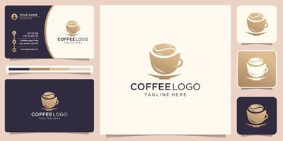 elegante Kaffee-Logo-Design-Vorlage und Visitenkarte. goldene farbe, kaffeetasse, kreative tasse. vektor