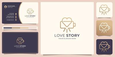 minimal kamera logotyp med kärlek hjärta design. kärlek berättelse, logotyp, bio, guld Färg. vektor