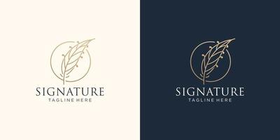 minimale Quill-Signatur-Logo-Vorlage. inspirierende luxusfeder mit kreisrahmenkonzept. vektor