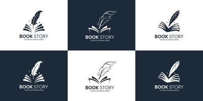 uppsättning av bok berättelse fjäder logotyp design inspiration. notera och gåspenna logotyp design samling. vektor