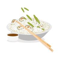 Reis mit Muscheln mit Frühlingszwiebeln ein Teller mit Bambusstöcken vektor