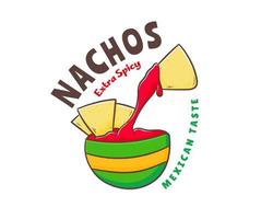 Nachos-Maischips mit Salsa-Sauce und rotem Chili-Paprika-Cartoon-Logo-Vektor. Mexikanische Mais-Tortilla-Chips mit Salsa-Dip isoliert auf weißem Hintergrund. vektor