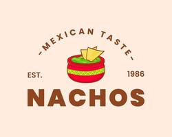 nachos logotyp illustration. nacho med en skål av avokado guacamole sås tecknad serie årgång retro vektor konst. mexikansk traditionell gata mat.