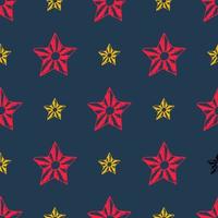 sömlös bakgrund av klotter stjärnor. röd och gul hand dragen stjärnor på mörk bakgrund. vektor illustration