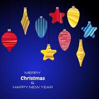 glad jul och Lycklig ny år mörk blå bakgrund med jul bollar. vektor bakgrund för din hälsning kort, inbjudningar, festlig affischer.