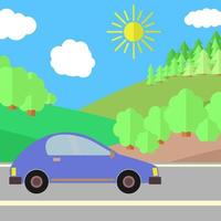 blå bil på en väg på en solig dag. sommar resa illustration. bil över landskap. vektor