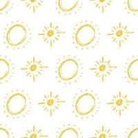 hand dragen Sol. sömlös mönster av enkel skiss solens. sol- symbol. gul klotter isolerat på vit bakgrund. vektor illustration.