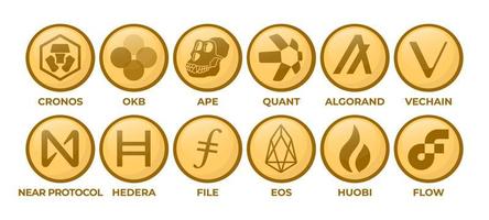 satz von kryptowährungslogomünzen cronos, okb, ape, quant, algorand, vechain, near protocol, hedera, file, eos, huobi token, flow vektor