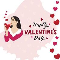 leende kvinna med söt hjärtan väntar för valentines dag. festlig hälsning kort design. Lycklig valentines dag text. vektor illustration.