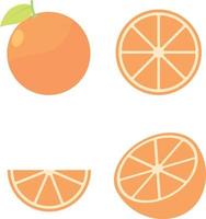 satz des flachen illustrationsdesigns der orange fruchtkarikatur. frische ganze und halbe Orangenfrucht mit Blättern. sommerfrüchte für einen gesunden lebensstil.